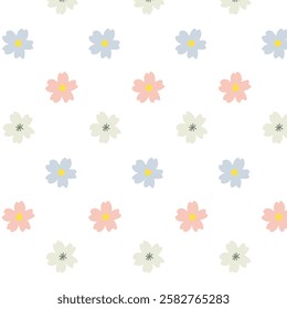 Minimalist seamless pattern of pastel flowers in blue, pink, and cream on a white background. Simple and elegant design for fabric, wrapping paper, and spring-themed projects.