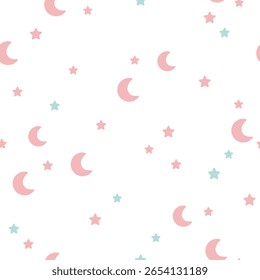 Padrão contínuo minimalista com lua rosa e estrelas para berçário, tecido, têxtil, fundo, impressão. Ilustração celeste.