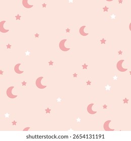 Padrão contínuo minimalista com lua rosa e estrelas para berçário, tecido, têxtil, fundo, impressão. Ilustração celeste.