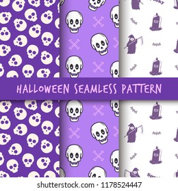 Minimalist seamless pattern print design. Repeatable endless background with skull, grim reaper, tombstone object