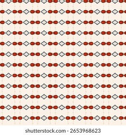 Minimalist seamless pattern with red bead-like elements and dark outlines on a light background. Repetitive, modern design perfect for fabric, wallpapers, and decor.