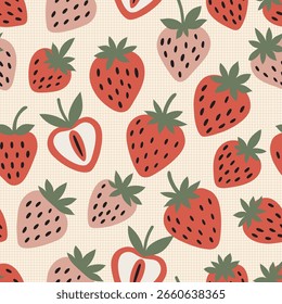 Minimalist seamless pattern of red strawberries with green leaves on a light beige grid background. Includes whole and halved berries with black seeds. Clean, modern look perfect for fabric, wallpaper