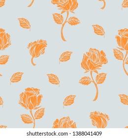 Minimalist seamless pattern of roses in orange and off white background. Hand drawn illustration design.