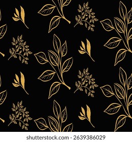 Minimalist seamless pattern with scattered golden leaves in solid and outline styles on a black background. An elegant and modern design for sophisticated projects. 
