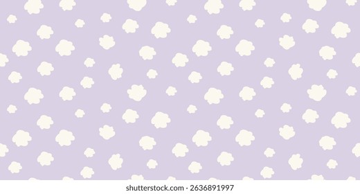Minimalist seamless pattern with scattered white cloud-like shapes on a soft lavender background. Plain print for baby products, wallpapers, gift wraps, and stationery with a gentle, dreamy feel.