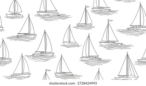 Patrón minimalista sin fisuras muestra numerosos veleros navegando en aguas onduladas en un estilo de arte de línea blanca y negra limpia.