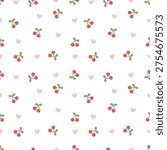 Minimalist seamless pattern with small pink cherries on white background.