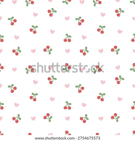 Minimalist seamless pattern with small pink cherries on white background.