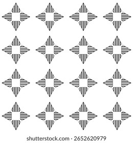 Um padrão contínuo minimalista de losango simétrico ou formas de estrela, preenchido com linhas pretas. Ideal para fundos, têxteis, embalagens, web e projetos de design.