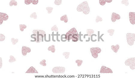 Minimalist seamless pattern of tiny hearts composed of small dots in shades of pink for a subtle and romantic background texture design.