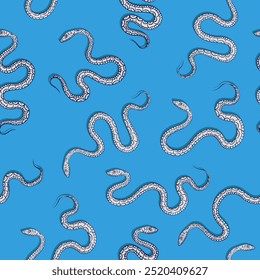 Minimalist seamless pattern with white snakes with intricate scaled skin or cyan background as wrapping paper or fabric. Endless wallpaper with hand drawn linear blue reptiles for 2025 Year of Snake