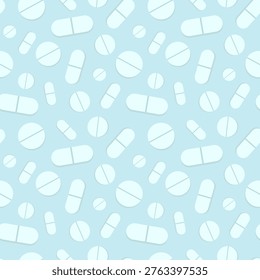Minimalist seamless pattern of white tablets and capsules of various sizes on a clean light blue background. Professional backdrop for pharmacy branding, healthcare websites, and medical stationery.