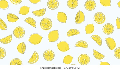 Patrón minimalista sin fisuras de limones de contorno amarillo y rodajas de cítricos dispersos en un fondo blanco limpio y brillante.
