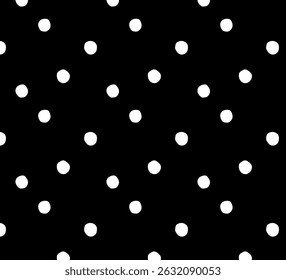 Minimalistisch naadloos polka dot patroon met gelijkmatig gespreide, met de hand getekende witte stippen op een zwarte achtergrond. Perfect voor elegante stoffen, moderne branding, mode, verpakking en digitaal ontwerp.