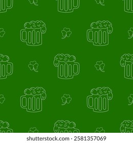 Minimalist seamless St. Patrick’s Day pattern with outlined beer mugs and shamrocks on a dark green background. Great for textiles, wrapping paper, decor, and digital designs.