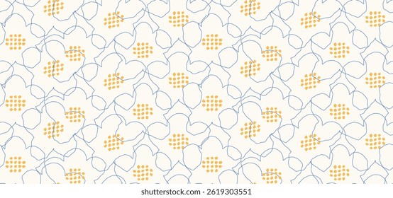 Minimalist seamless vector pattern with abstract floral outlines in blue and hand drawn yellow dots on a light background. Elegant, modern, and delicate, perfect for textiles, wallpapers, and branding