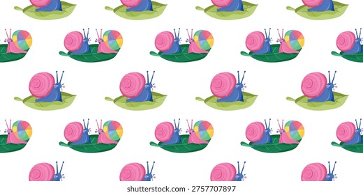 Minimalist Seamless Vector Pattern of Colorful Snails on White Background