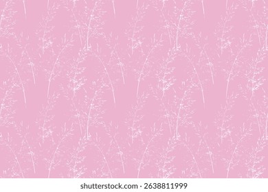 Minimalist seamless vector pattern with delicate wild grass silhouettes on a pastel pink background. Elegant and natural botanical texture, ideal for textiles, wallpapers, packaging,  stationery
