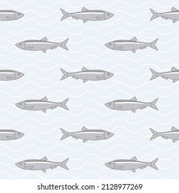 Minimalist seamless vector pattern with gray herring fish on a light blue background