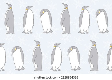 Minimalist seamless vector pattern with penguins on a light blue background. Winter hand-drawn print.