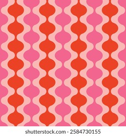 Minimalist seamless vector pattern in shades of red and pink, inspired by the 60s and 70s. Features smooth, oval vertical shapes. Modern abstract background illustration.