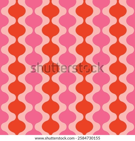 Minimalist seamless vector pattern in shades of red and pink, inspired by the 60s and 70s. Features smooth, oval vertical shapes. Modern abstract background illustration.