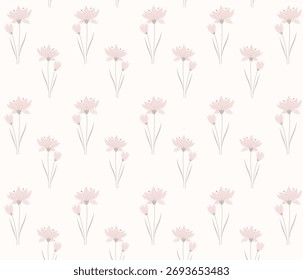 Minimalist seamless vector pattern with soft pastel crocus flowers and thin stems. Elegant floral background for spring, wellness, fabric, wallpapers, gift wrap, packaging, and modern decor.​