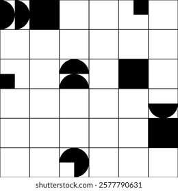 Minimalist Seamless Vector Pattern with Squares, Halved Circles and Dividing Lines in Bauhaus Style