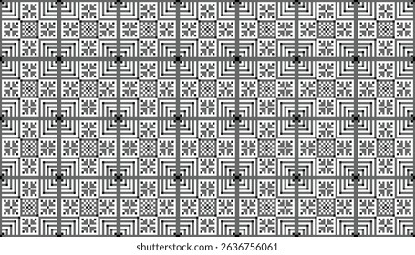 Minimalist seamless vector pattern with tribal and geometric square tiles in black and white. Ideal for interior decor themes, fabric patterns, or bold graphic design layouts