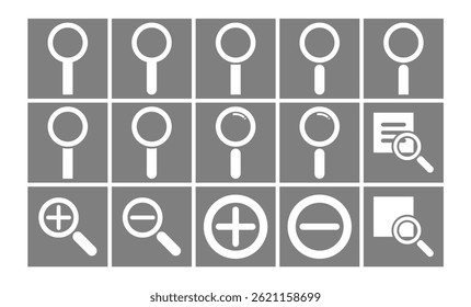 A minimalist search icon collection featuring various magnifying glass designs including zoom in, zoom out, and document search symbols.