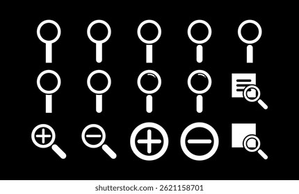 A minimalist search icon collection featuring various magnifying glass designs including zoom in, zoom out, and document search symbols.