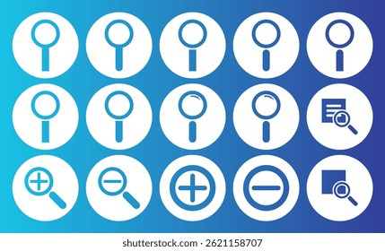 A minimalist search icon collection featuring various magnifying glass designs including zoom in, zoom out, and document search symbols.