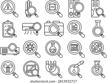 Minimalist search icon set. 20 vector line icons of magnifying glass, find, loupe, and web research symbols. Perfect for user interface (UI), mobile apps, websites, and digital marketing materials. Editable stroke.