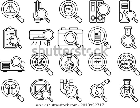 Minimalist search icon set. 20 vector line icons of magnifying glass, find, loupe, and web research symbols. Perfect for user interface (UI), mobile apps, websites, and digital marketing materials. Editable stroke.