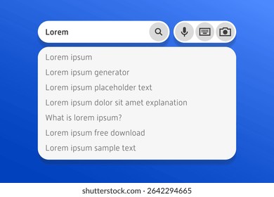 Interface utilisateur de recherche minimaliste avec « Lorem » tapé dans le champ, montrant des suggestions de saisie semi-automatique propres sur fond gris doux avec un accent sur la clarté fonctionnelle.