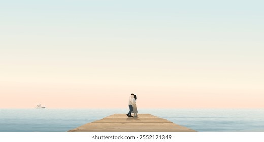 Minimalist seascape with couple of lover kissing on wooden pier have vanilla sky background graphic illustration. Valentine day illustrated concept have blank space.