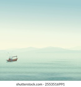 Minimalist seascape with fishing boat followed by seagulls have mountain ranges and vanilla sky background graphic illustration.