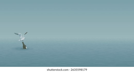 Minimalist seascape have a seagull on a bottle of liquor floating in the middle of the sea graphic illustration.