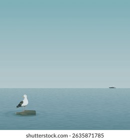 Minimalist seascape have a seagull on a bottle of liquor floating in the middle of the sea have a yacht far away graphic illustration square template.