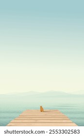 Minimalist seascape with lonely cat sitting on wooden pier have mountain ranges and vanilla sky vertical background graphic illustration.