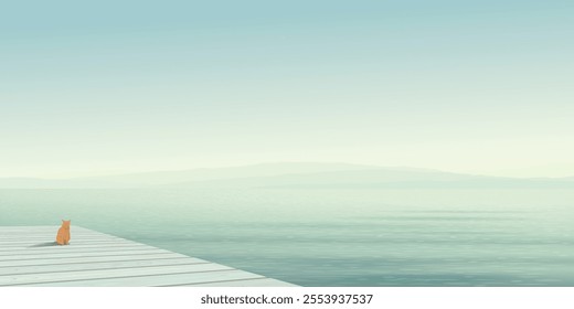 Minimalist seascape with lonely cat sitting on wooden pier have mountain ranges and vanilla sky background graphic illustration.