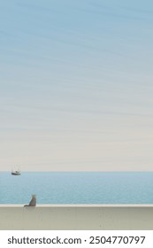 Minimalist seascape in the morning have a cat sitting on cement barrier looking to fishing boat followed by seagulls have blue sky vertical background graphic illustration.