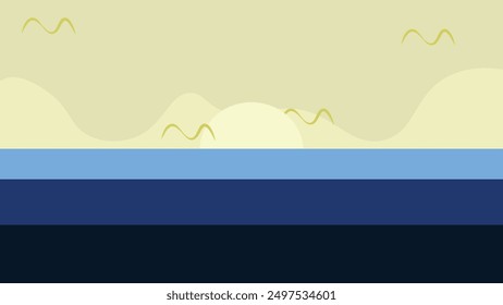 eine minimalistische Szene, die einen großen Sonnenuntergang oder Aufstieg über einen ruhigen Ozean zeigt. Das Bild besteht aus horizontalen Farbbändern, die verschiedene Teile der Szene darstellen