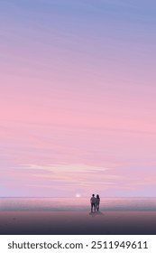 Minimalist seascape with silhouette couple of lover at the beach have twilight sky vertical background graphic illustration. Journey of sweetheart concept.