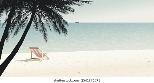 Minimalist seascape with silhouette palm trees and beach chair at the beach graphic illustration have blank space.