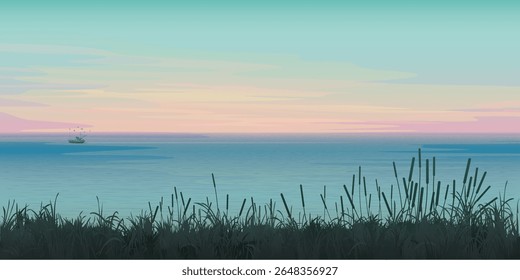 Minimalist seascape with silhouetted grass field at cliff have twilight sky background graphic illustration have blank space.