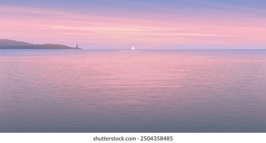 Minimalist seascape with sunset, mountain ranges and twilight sky background graphic illustration have blank space.