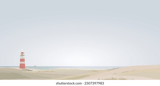 Minimalist seashore landscape with lighthouse have yacht at skyline flat design graphic illustration. Coastline with beacon have blue sky background.