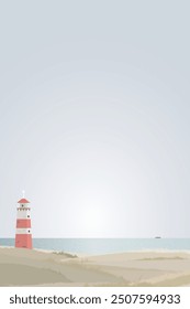 Minimalist seashore landscape with lighthouse have yacht at skyline flat design graphic illustration. Coastline with beacon have blue sky vertical background.