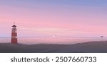 Minimalist seashore landscape with lighthouse at sunset flat design graphic illustration. Coastline with beacon have twilight sky background.